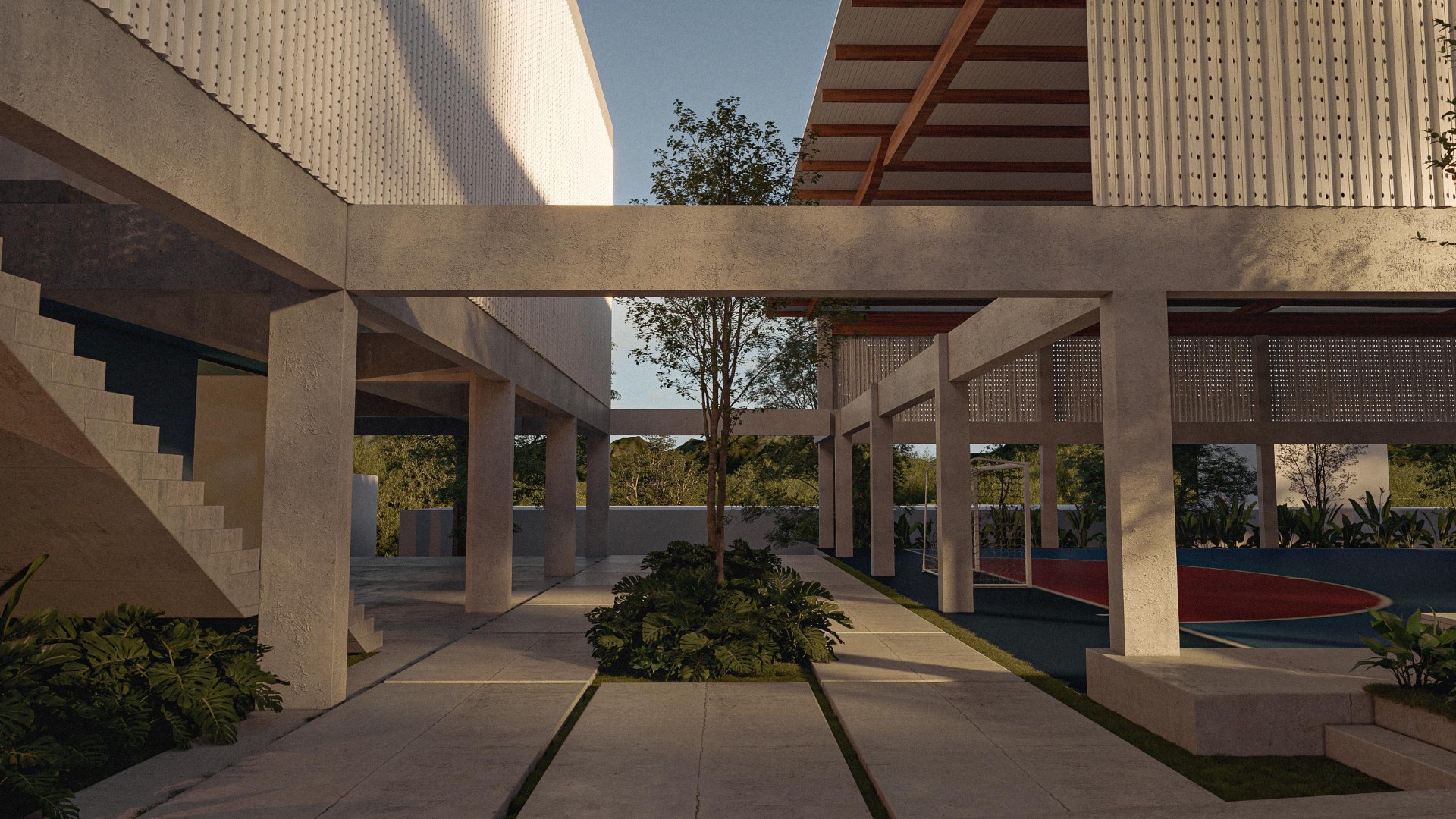 Pátio interno com pilares e vegetação